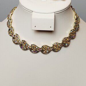 VINTAGE GOLD TONE AURORA BOREALIS RHINESTONE CHOKER NECKLACE